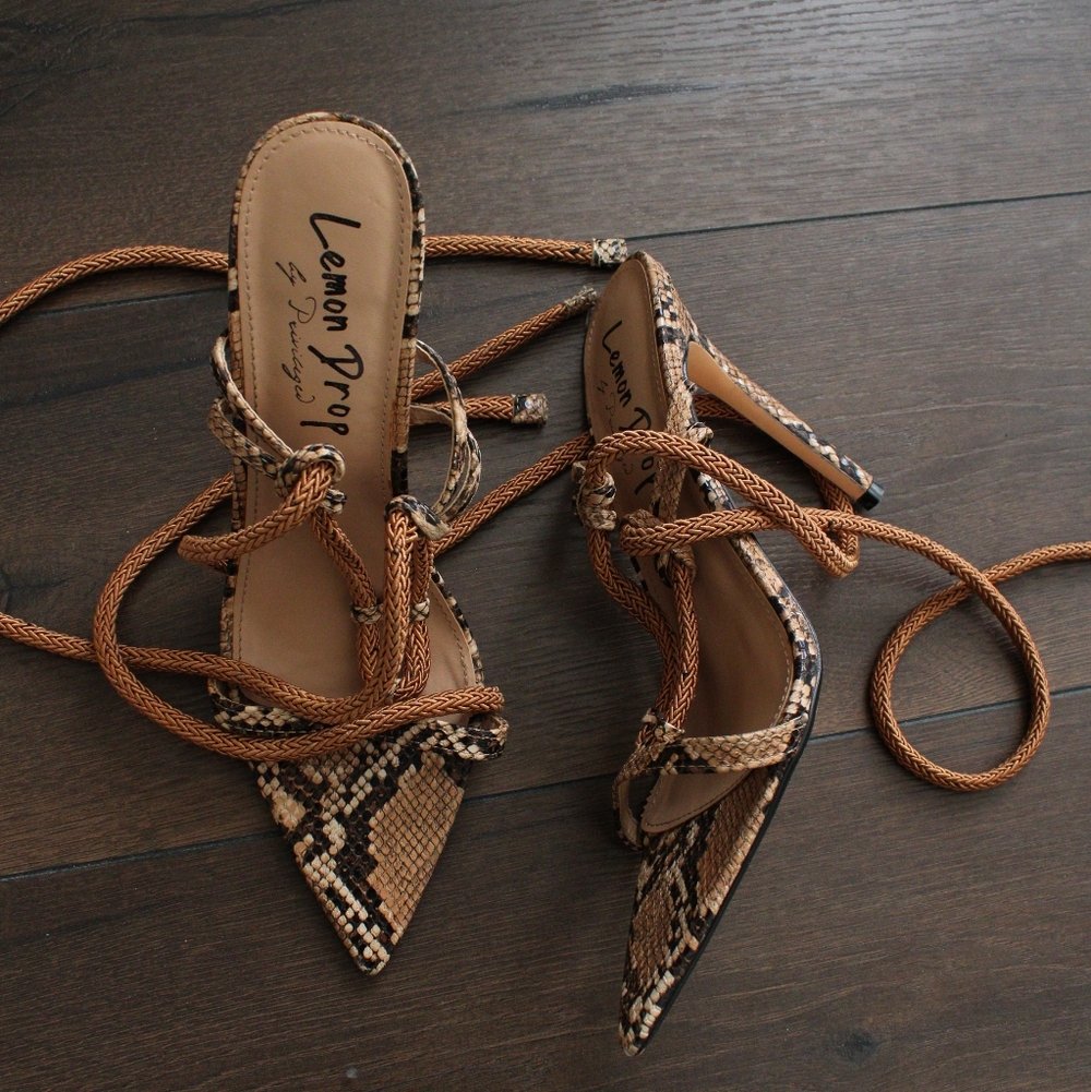 Lemon Pro Snake-Print Lace-Up Heels in Brown